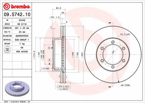 Ventilated disc brake, 1 pcs. Brembo 09.5742.10