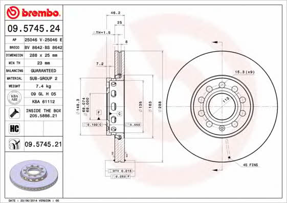 Brembo 09.5745.24 Ventilated disc brake, 1 pcs. 09574524
