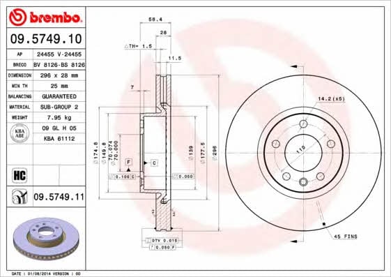 Brembo 09.5749.10 Ventilated disc brake, 1 pcs. 09574910