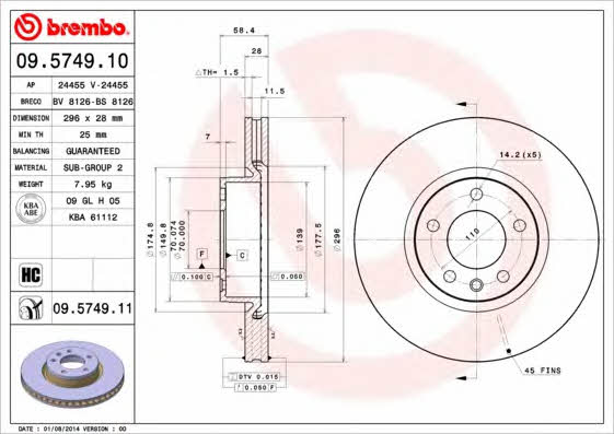 Front vented brake disc Brembo 09.5749.11