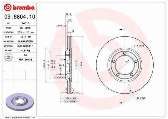 Ventilated disc brake, 1 pcs. Brembo 09.6804.10