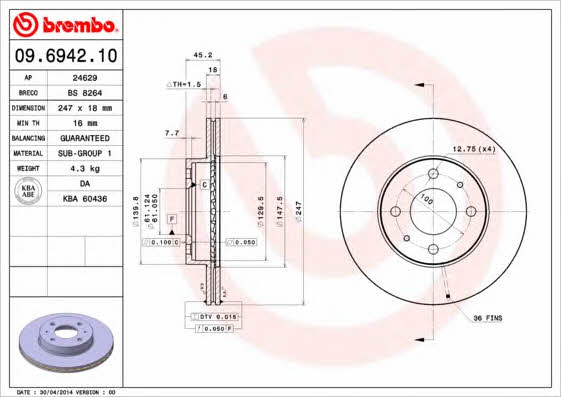 Ventilated disc brake, 1 pcs. Brembo 09.6942.10