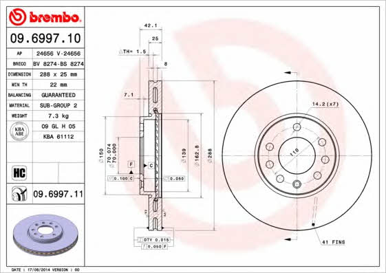 Vented brake disc, 1 pc Brembo 09.6997.11