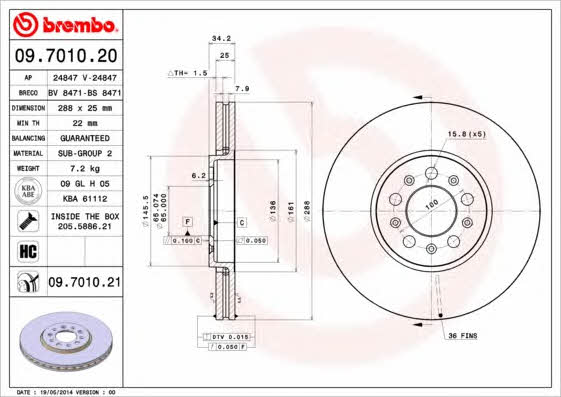 Brembo 09.7010.20 Ventilated disc brake, 1 pcs. 09701020