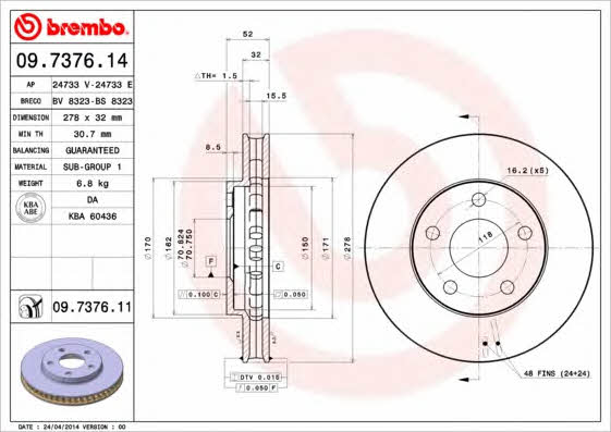 Brembo 09.7376.14 Front brake disc ventilated 09737614