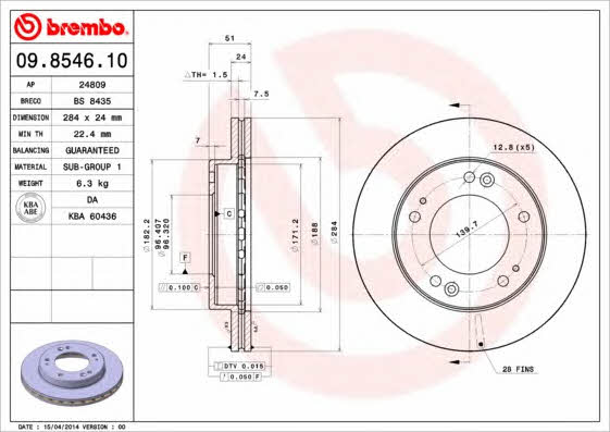 Ventilated disc brake, 1 pcs. Brembo 09.8546.10