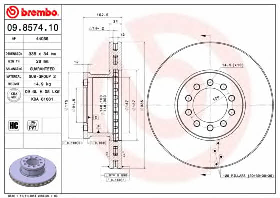 Ventilated disc brake, 1 pcs. Brembo 09.8574.10