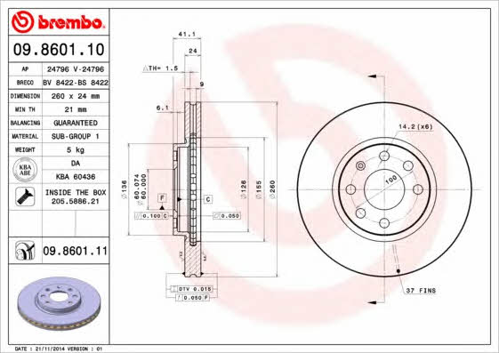 Ventilated disc brake, 1 pcs. Brembo 09.8601.10