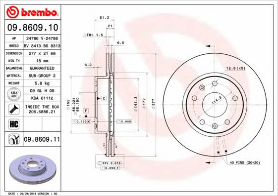 Vented brake disc, 1 pc Brembo 09.8609.11