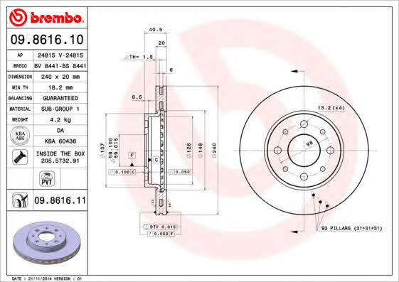 Brembo 09.8616.10 Ventilated disc brake, 1 pcs. 09861610