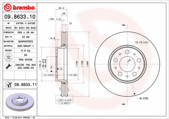 Brembo 09.8633.10 Front brake disc ventilated 09863310