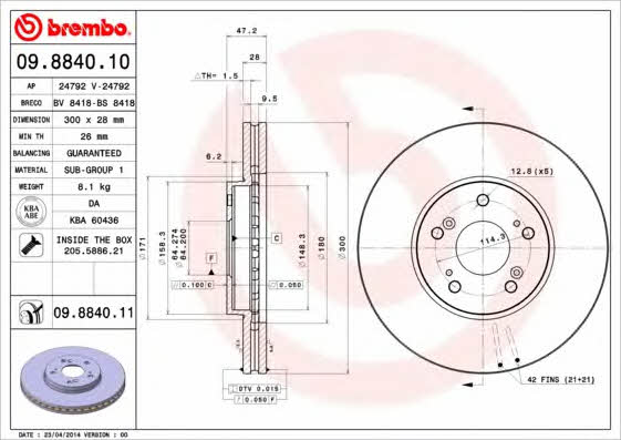 Brembo 09.8840.10 Ventilated disc brake, 1 pcs. 09884010