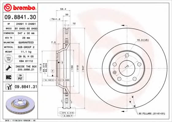 Brembo 09.8841.30 Ventilated disc brake, 1 pcs. 09884130