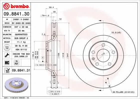 Vented brake disc, 1 pc Brembo 09.8841.31