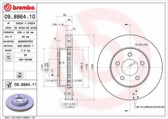 Brembo 09.8864.10 Ventilated disc brake, 1 pcs. 09886410