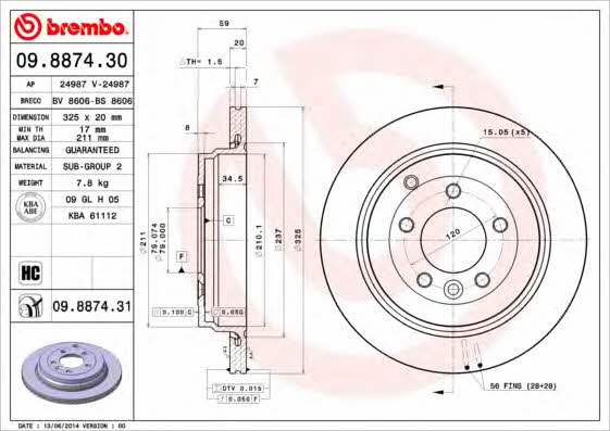Brembo 09.8874.30 Rear ventilated brake disc 09887430