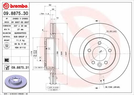 Brembo 09.8875.30 Ventilated disc brake, 1 pcs. 09887530