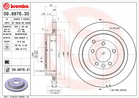 Brembo 09.8876.30 Rear ventilated brake disc 09887630