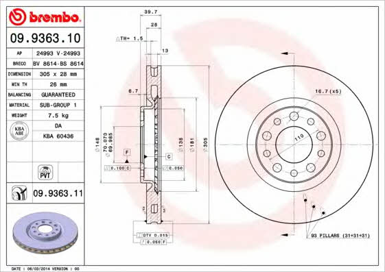 Vented brake disc, 1 pc Brembo 09.9363.11