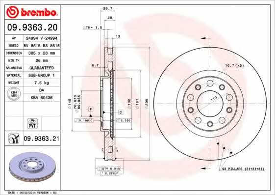 Ventilated disc brake, 1 pcs. Brembo 09.9363.21