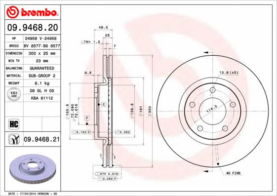 Front vented brake disc Brembo 09.9468.21