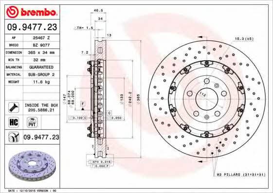 Ventilated brake disc with perforation Brembo 09.9477.23