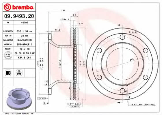 Rear ventilated brake disc Brembo 09.9493.20