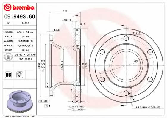 Rear vented brake disc Brembo 09.9493.60