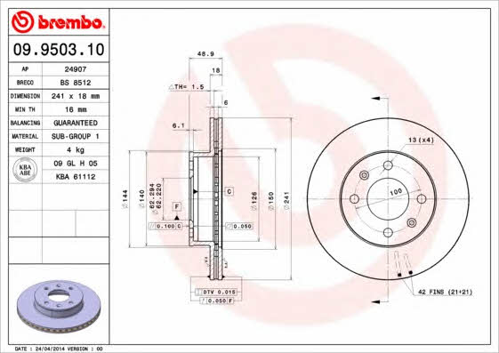 Ventilated disc brake, 1 pcs. Brembo 09.9503.10