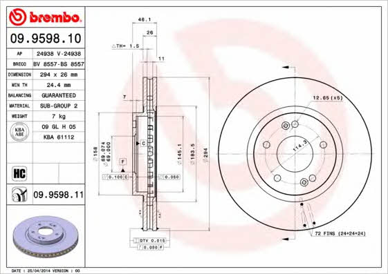 Ventilated disc brake, 1 pcs. Brembo 09.9598.10