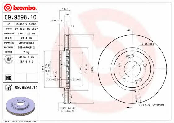 Vented brake disc, 1 pc Brembo 09.9598.11