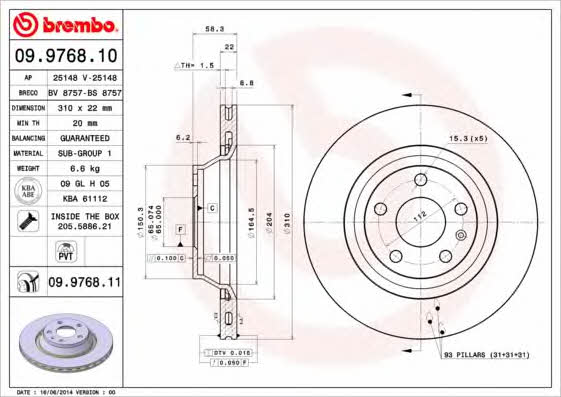 Brembo 09.9768.10 Rear ventilated brake disc 09976810