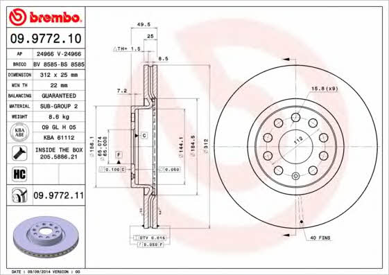 Brembo 09.9772.10 Ventilated disc brake, 1 pcs. 09977210