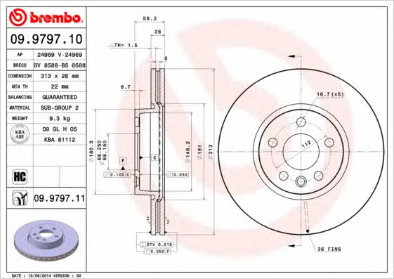 Front brake disc ventilated Brembo 09.9797.10