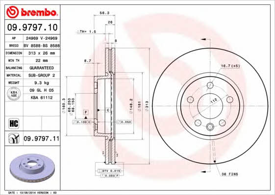 Ventilated disc brake, 1 pcs. Brembo 09.9797.11