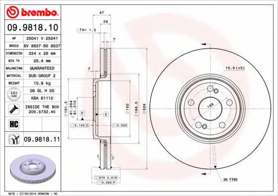 Front brake disc ventilated Brembo 09.9818.11