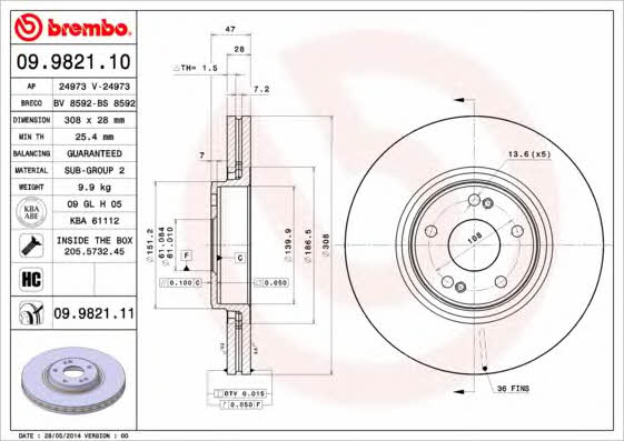 Brembo 09.9821.10 Ventilated disc brake, 1 pcs. 09982110