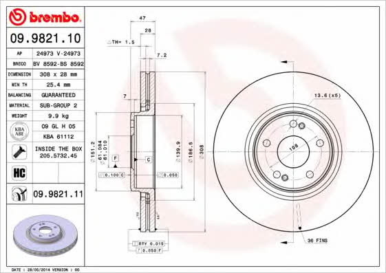Vented brake disc, 1 pc Brembo 09.9821.11