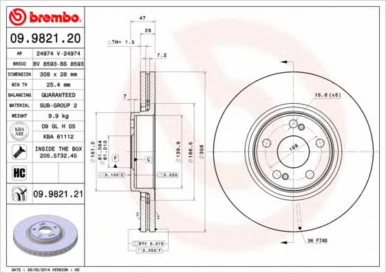 Brembo 09.9821.20 Ventilated disc brake, 1 pcs. 09982120