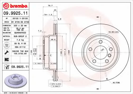 Rear ventilated brake disc Brembo 09.9925.11