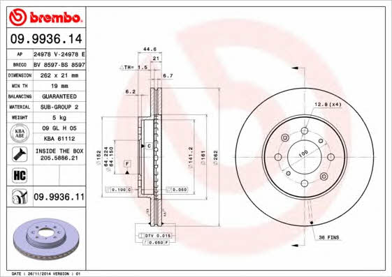 Brembo 09.9936.14 Ventilated disc brake, 1 pcs. 09993614