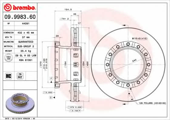 Rear ventilated brake disc Brembo 09.9983.60