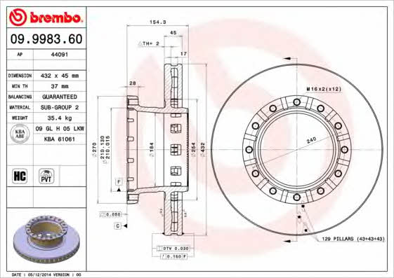 Rear vented brake disc Brembo 09.9983.60