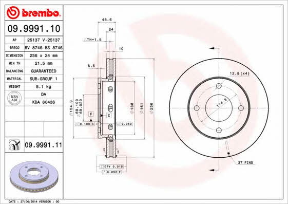Vented brake disc, 1 pc Brembo 09.9991.11