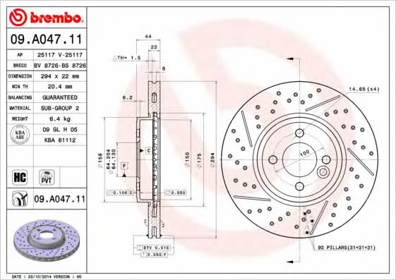 Front brake disc ventilated Brembo 09.A047.11