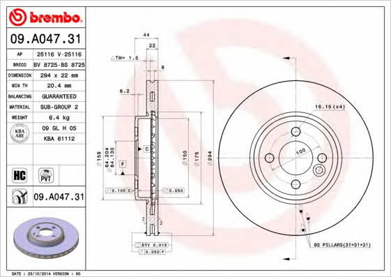 Front vented brake disc Brembo 09.A047.31