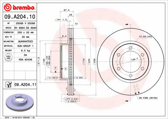 Brembo 09.A204.10 Ventilated disc brake, 1 pcs. 09A20410
