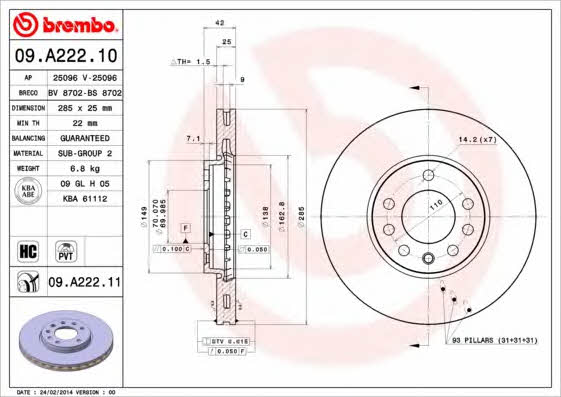 Brembo 09.A222.10 Ventilated disc brake, 1 pcs. 09A22210