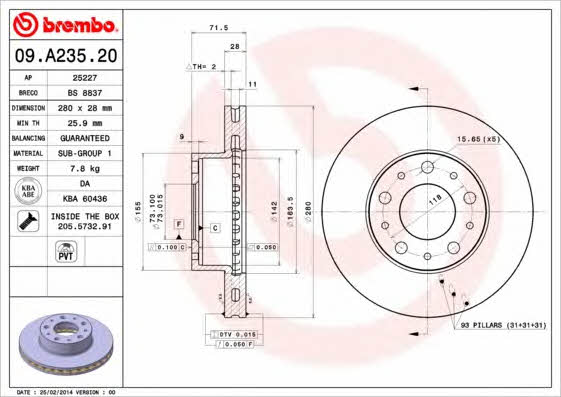 Vented brake disc, 1 pc Brembo 09.A235.20