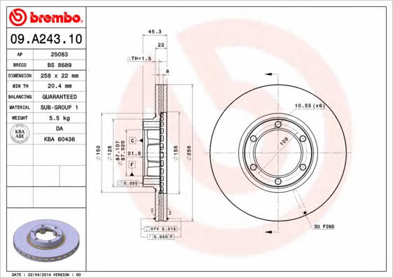 Ventilated disc brake, 1 pcs. Brembo 09.A243.10